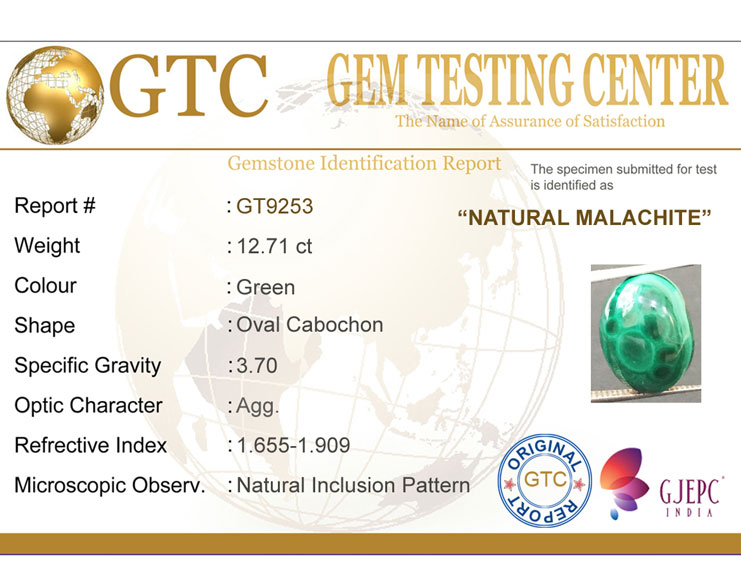 12.71 ct Natural Certified Malachite stone